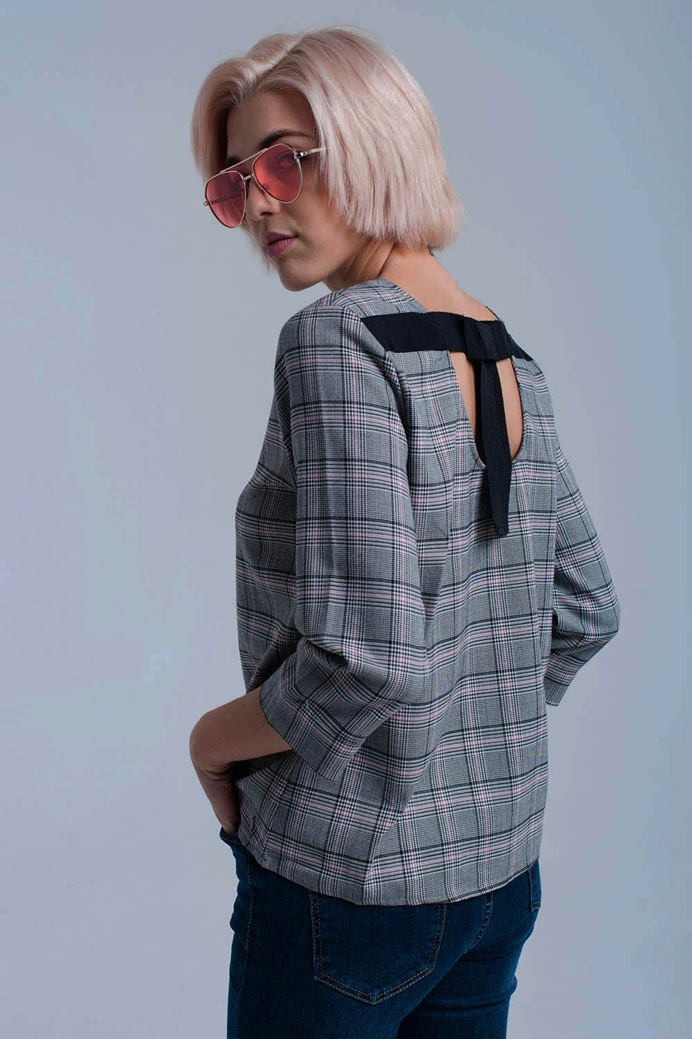 Pink tartan pattern top with ribbons - Tops