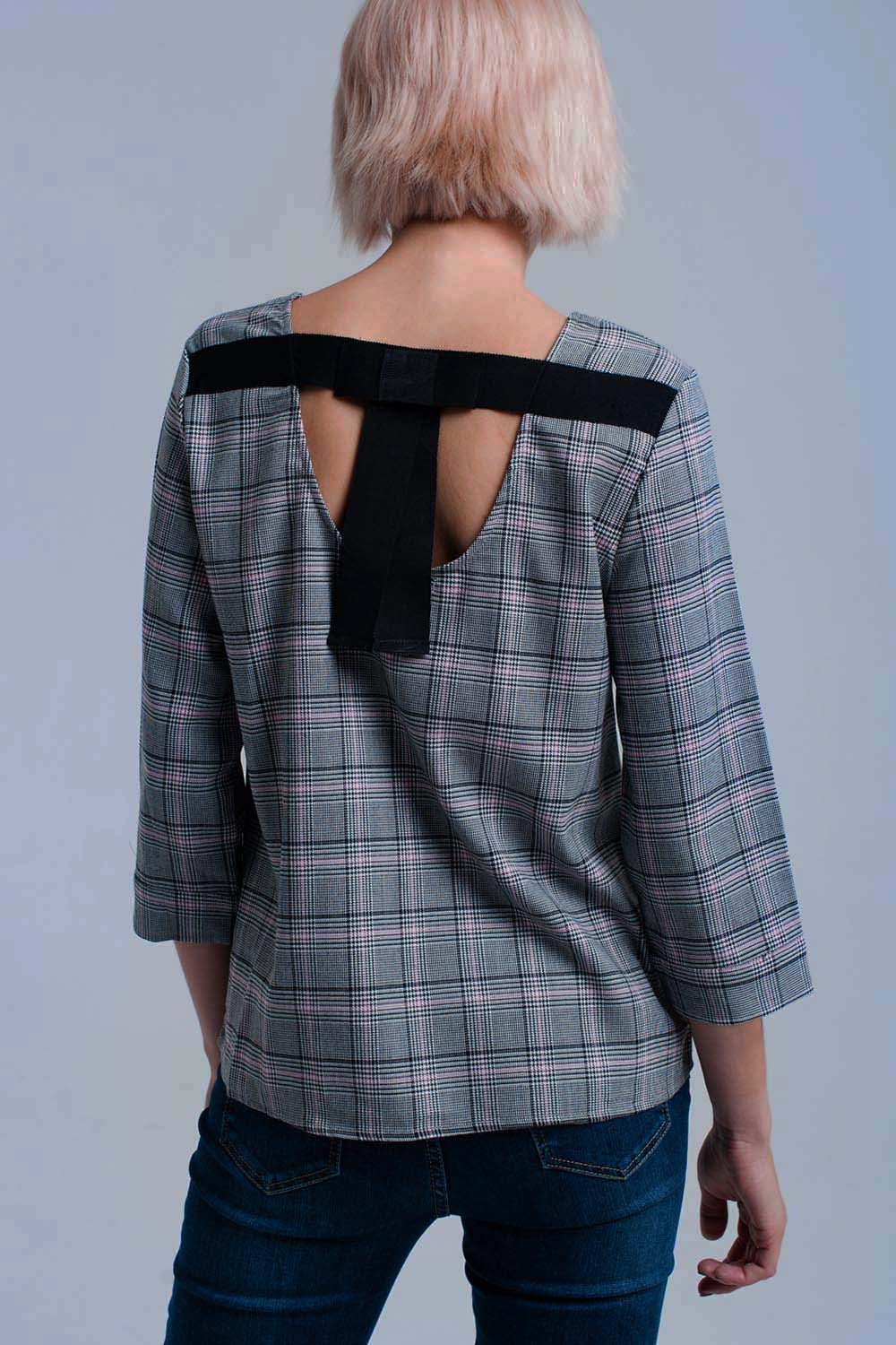 Pink tartan pattern top with ribbons - Tops