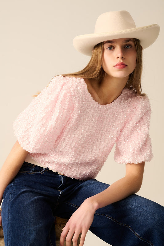 Q2 Pink top with sequin detail and balloon sleeves