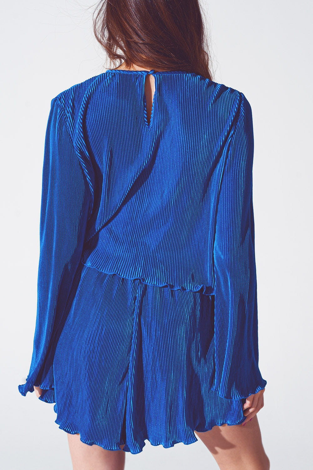 Pleated Round Neck Crop Top in Blue - Tops