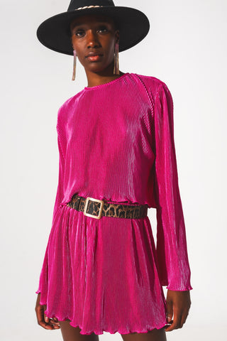 Crop top plissé à col rond en fuchsia