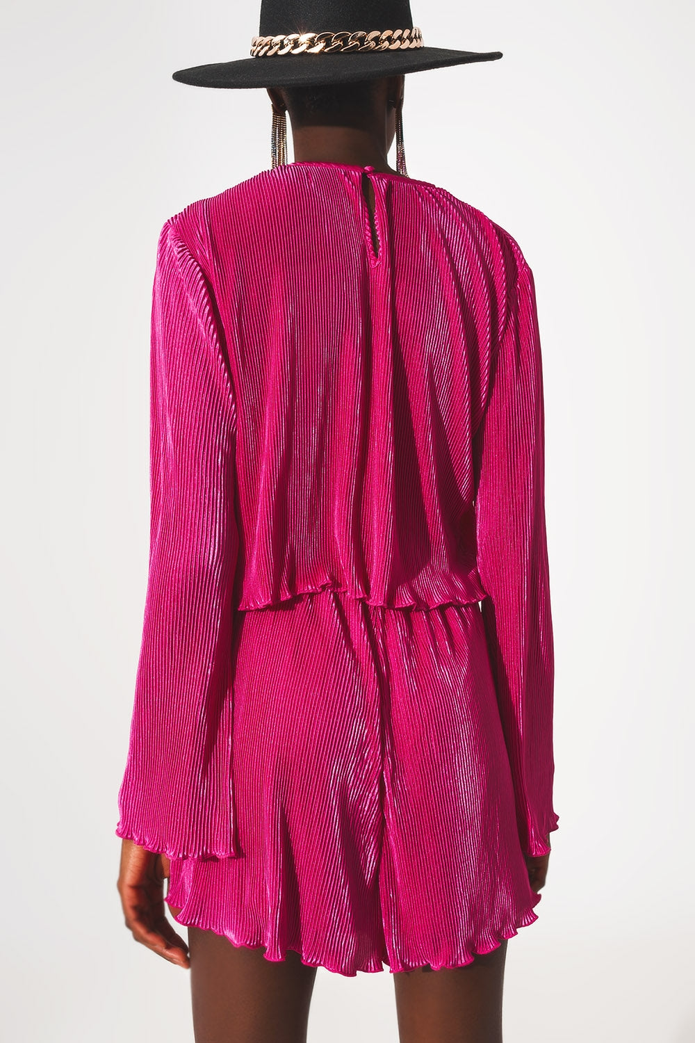 Pleated round neck crop top in fuchsia - Tops
