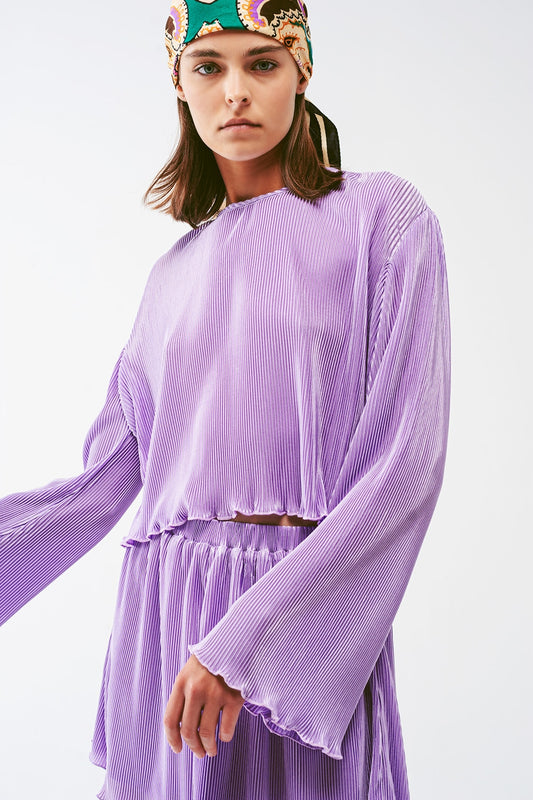 Pleated Round Neck Crop Top in lilac - Tops