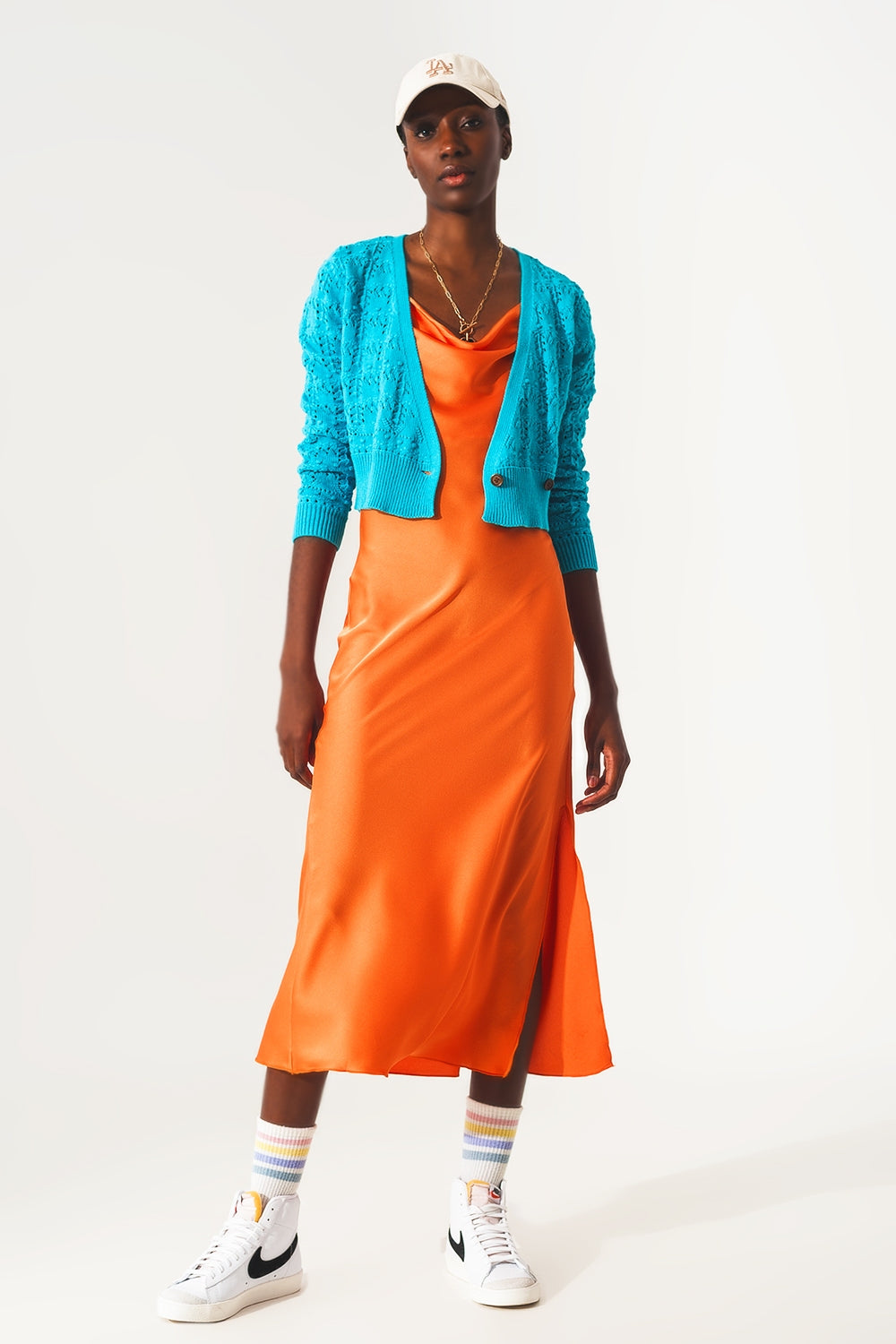 Pointelle knitted cardi in blue Q2 Sweaters BoutiqueLua