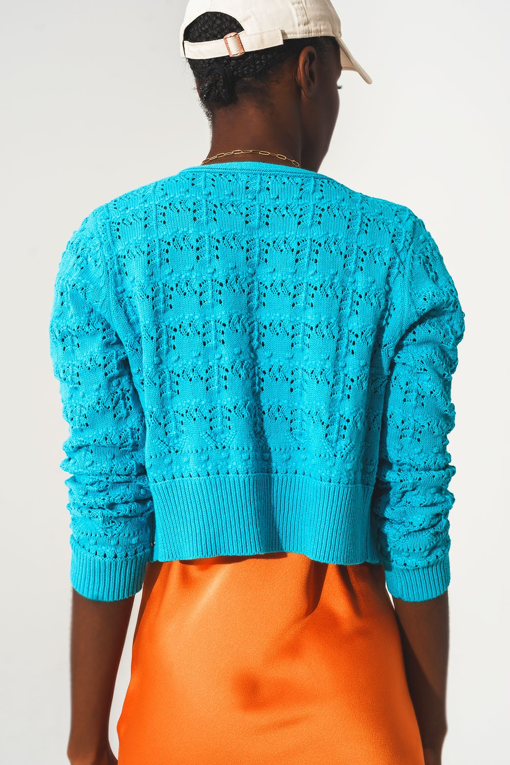 Pointelle knitted cardi in blue Q2 Sweaters BoutiqueLua