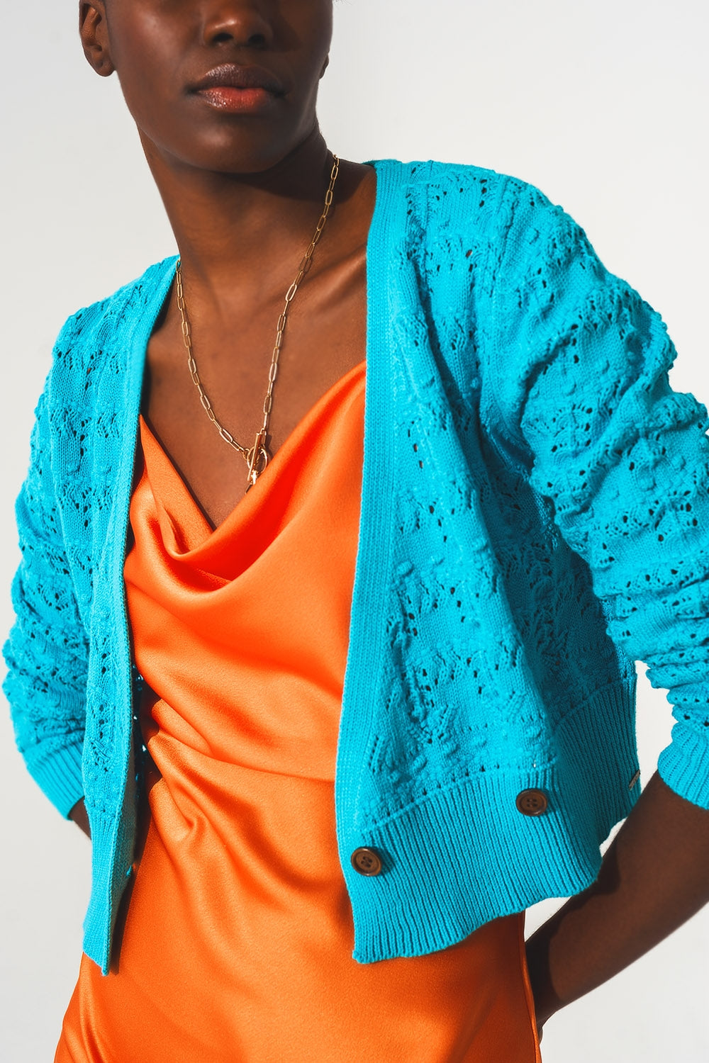 Pointelle knitted cardi in blue Q2 Sweaters BoutiqueLua