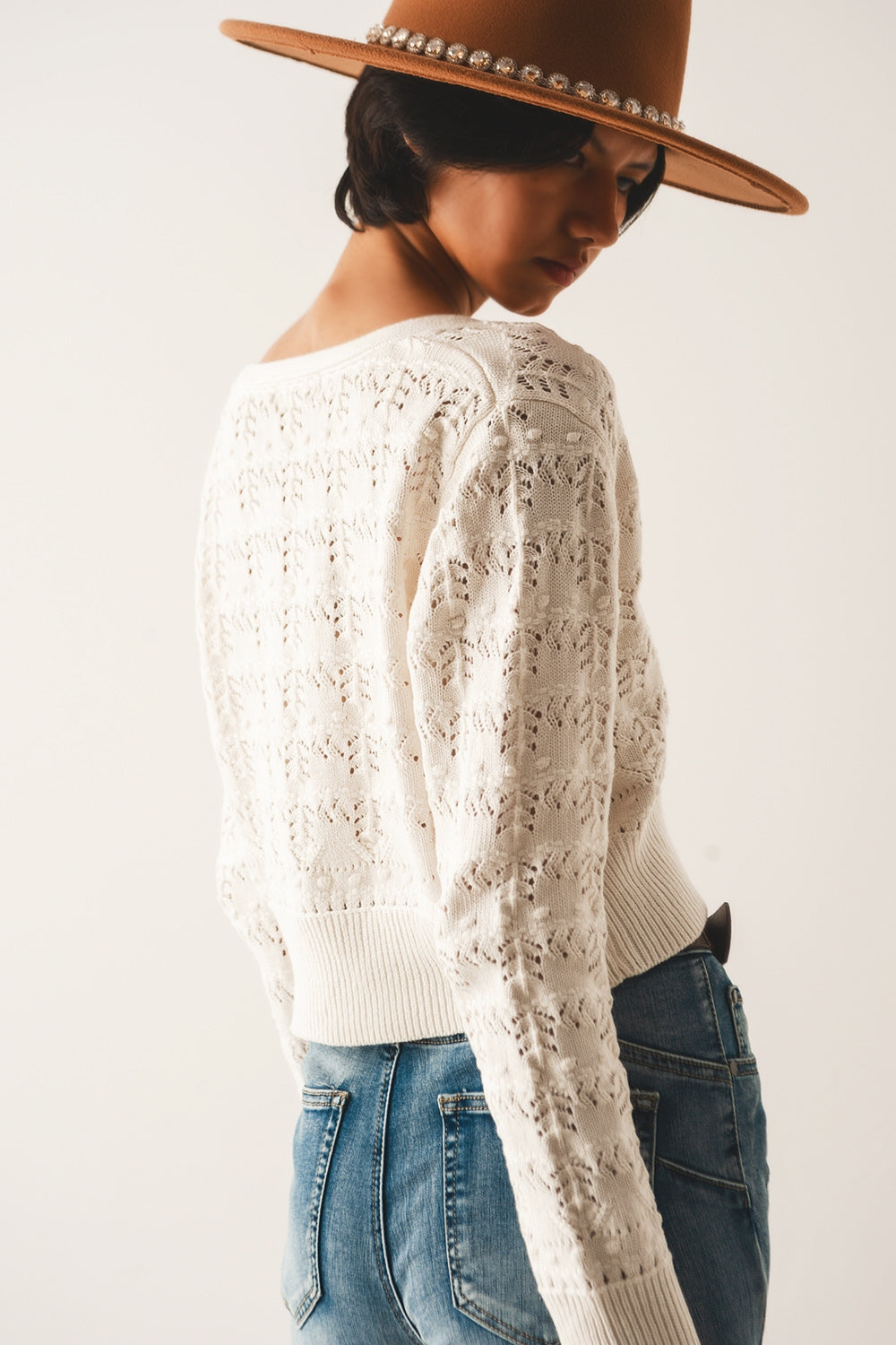 Pointelle knitted cardi in cream Q2 Sweaters BoutiqueLua