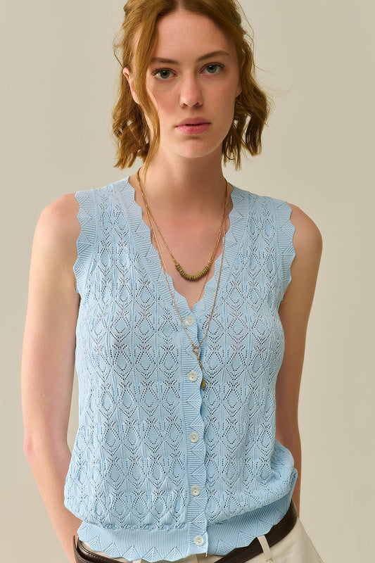 Pointelle Knitted Vest With Scalloped Edges in Baby Blue - Jumpers
