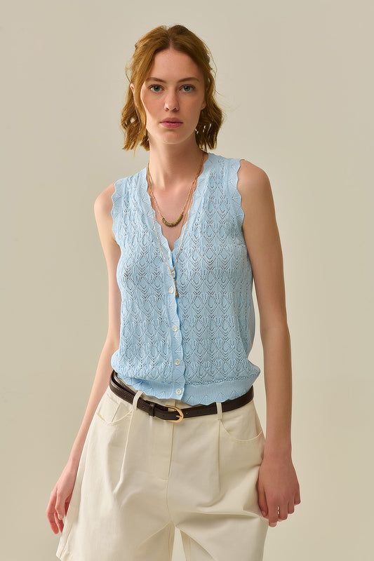 Pointelle Knitted Vest With Scalloped Edges in Baby Blue - Jumpers