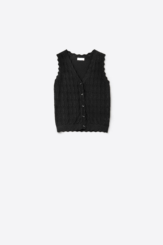 Pointelle Knitted Vest With Scalloped Edges in Black - Jumpers
