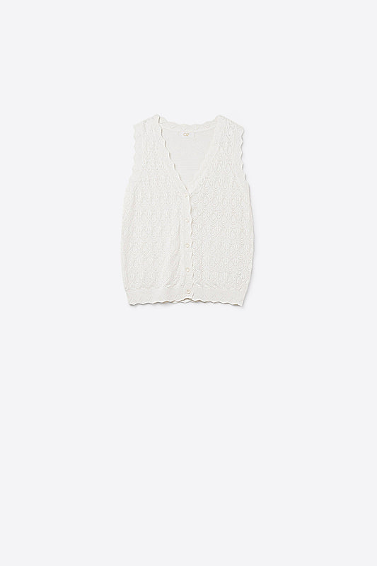 Pointelle Knitted Vest With Scalloped Edges in White - Jumpers