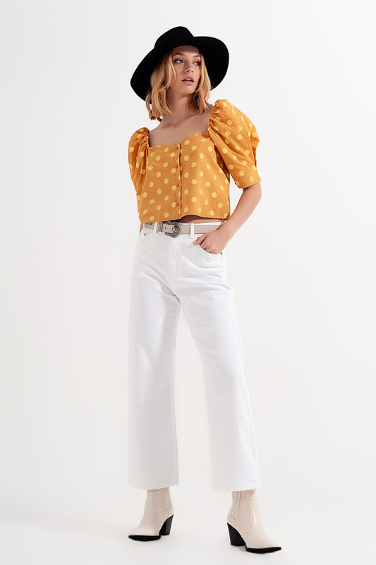 Polka dot top with puffed sleeves and square neckline in yellow - Tops