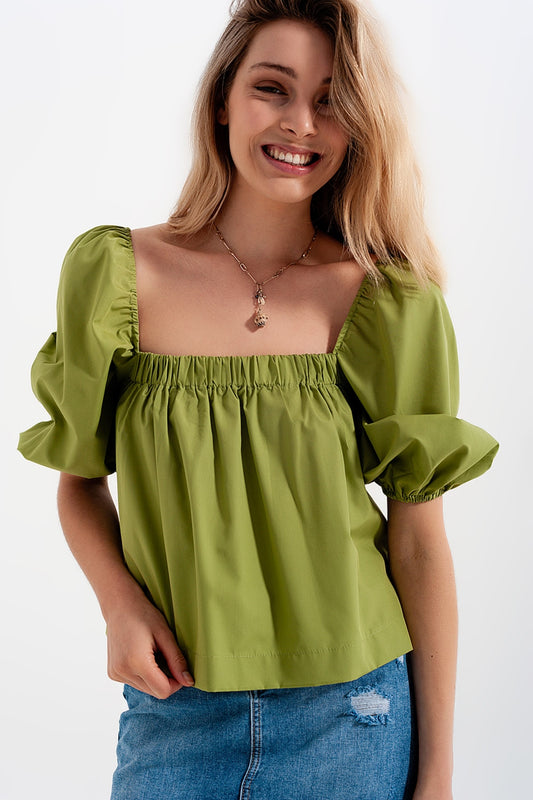 Poplin balloon sleeve top in green - Tops