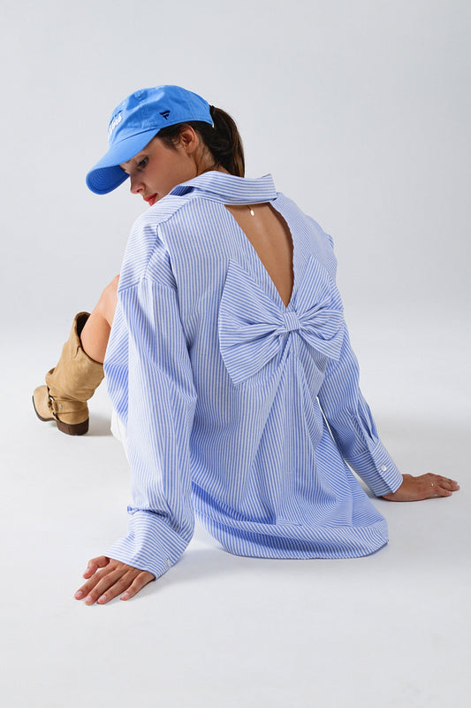 Poplin Oversize Striped Shirt With Bow Detail in Blue and White - Shirts