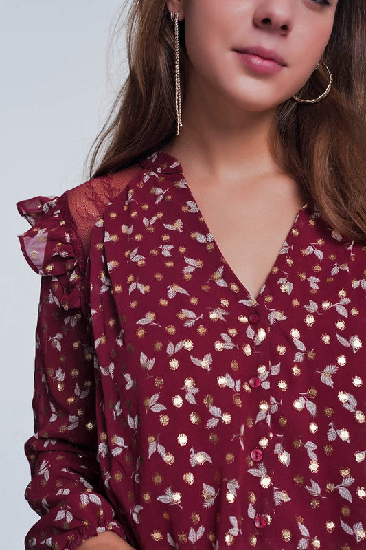 Print ruffle shoulder maroon shirt - Shirts