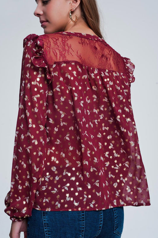 Print ruffle shoulder maroon shirt - Shirts