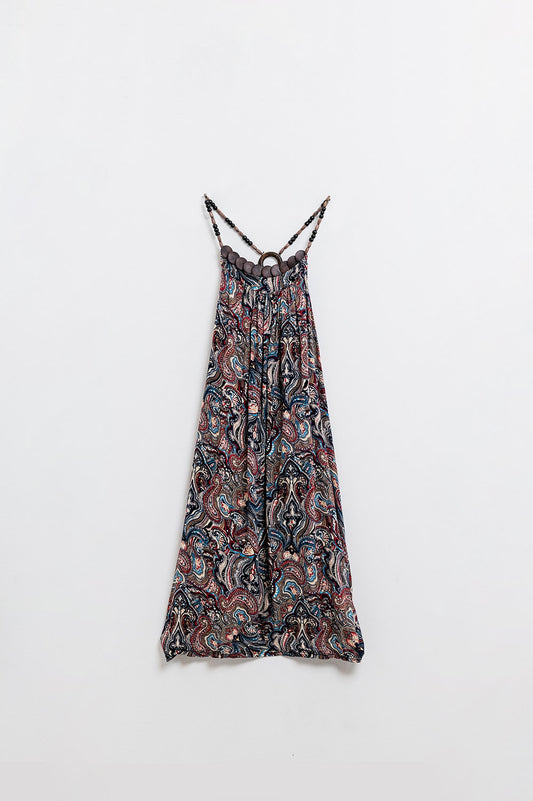 Printed Bohemian Maxi Dress with Beaded Straps - Dresses