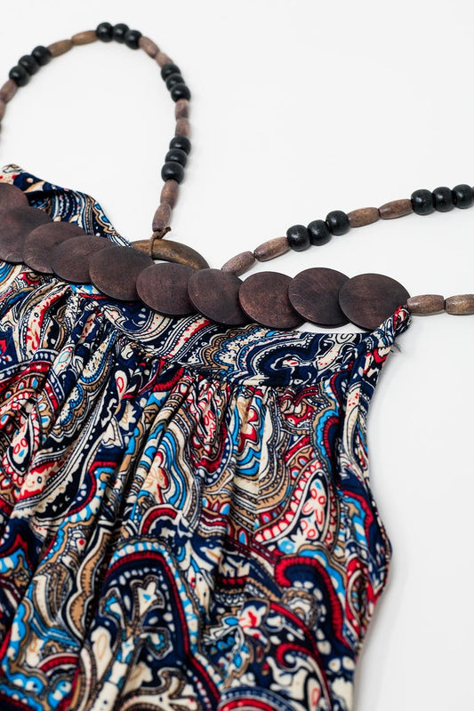 Printed Bohemian Maxi Dress with Beaded Straps - Dresses