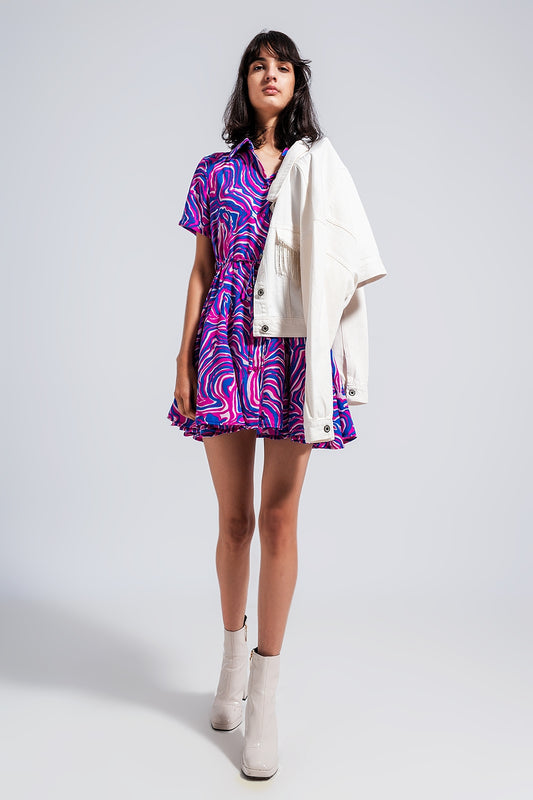 Printed mini dress with tie waist in purple - Dresses