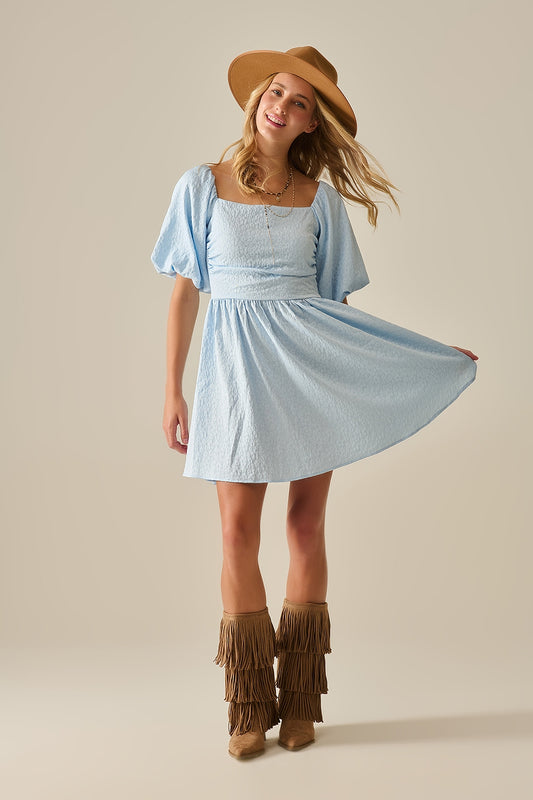 Puff Sleeve Textured Mini Dress in Light Blue - Dresses