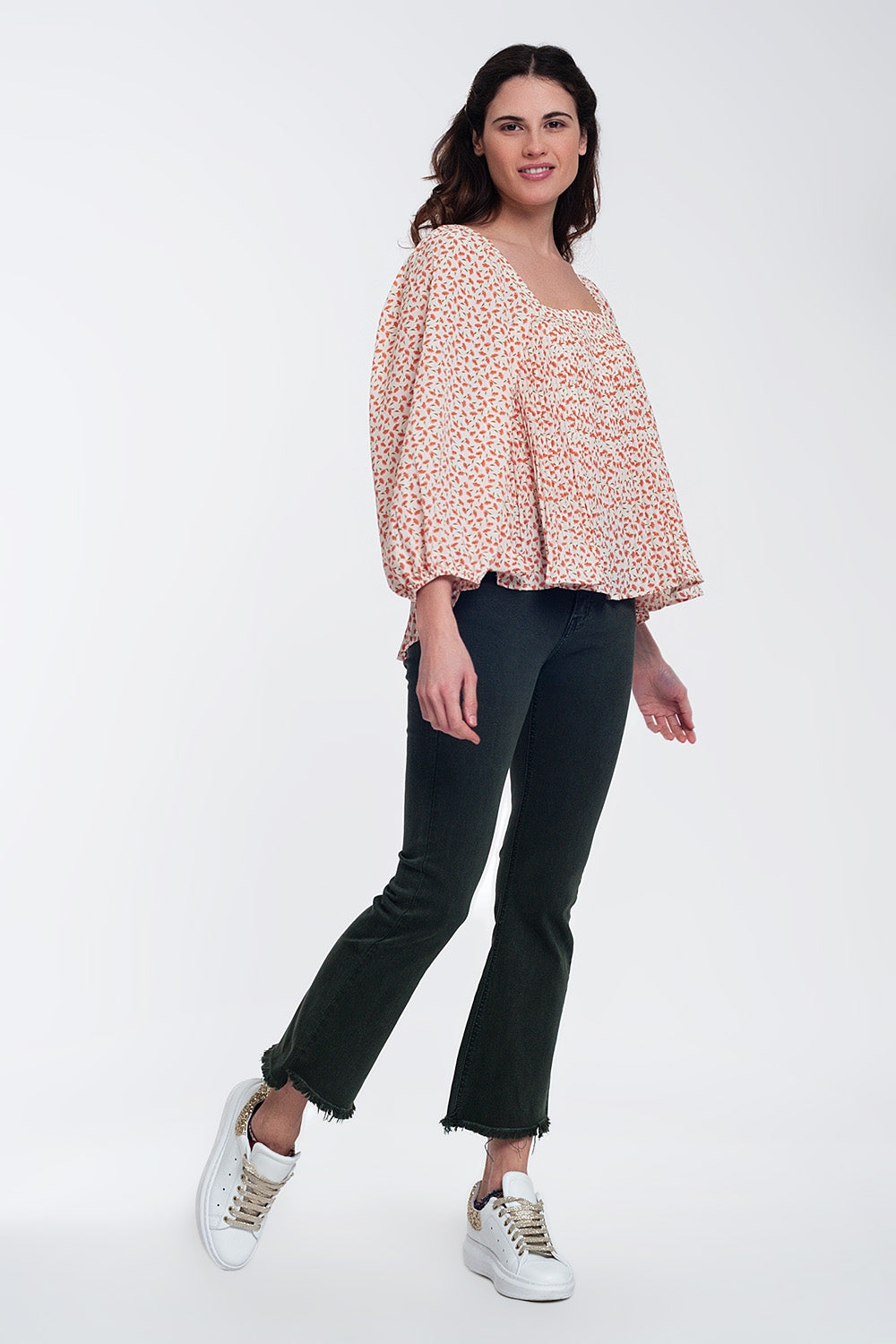 puff sleeve top with square neck in coral floral print Q2 Tops BoutiqueLua