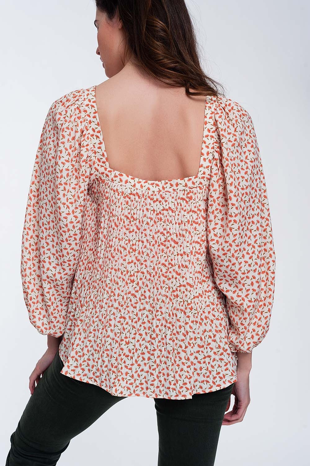 puff sleeve top with square neck in coral floral print Q2 Tops BoutiqueLua
