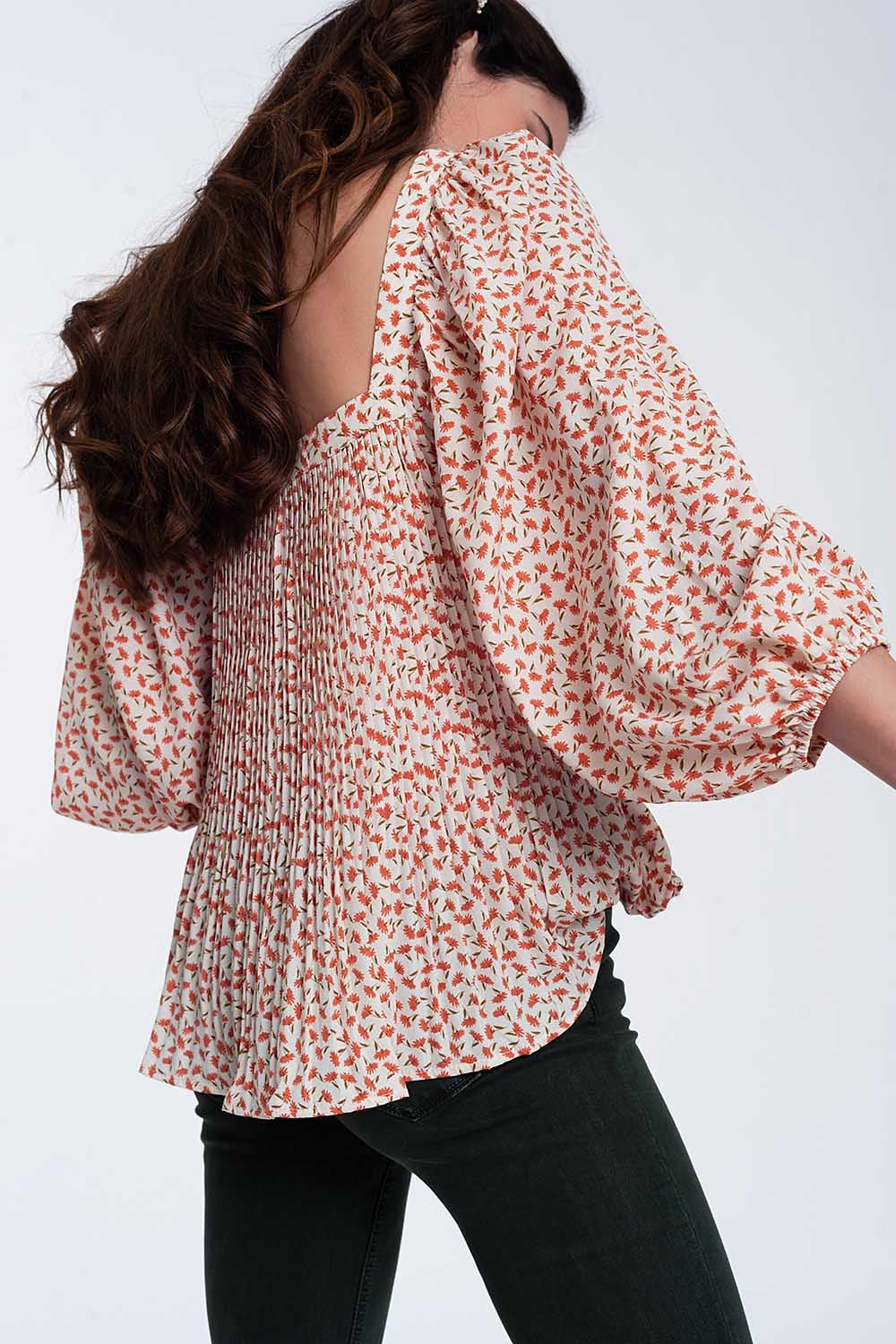 puff sleeve top with square neck in coral floral print Q2 Tops BoutiqueLua