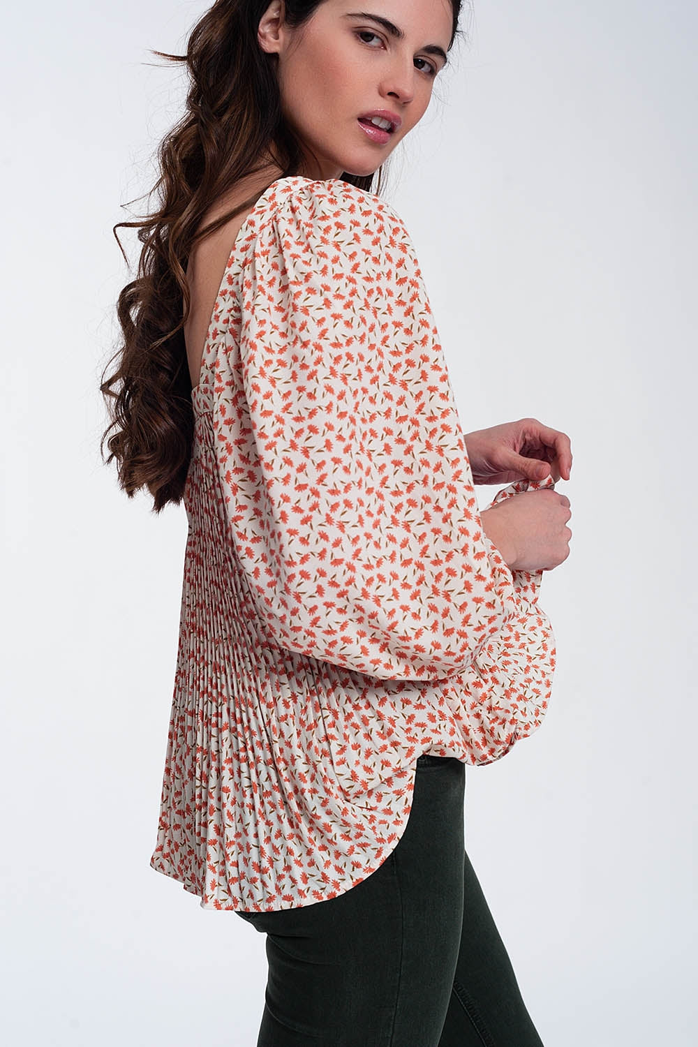 puff sleeve top with square neck in coral floral print Q2 Tops BoutiqueLua