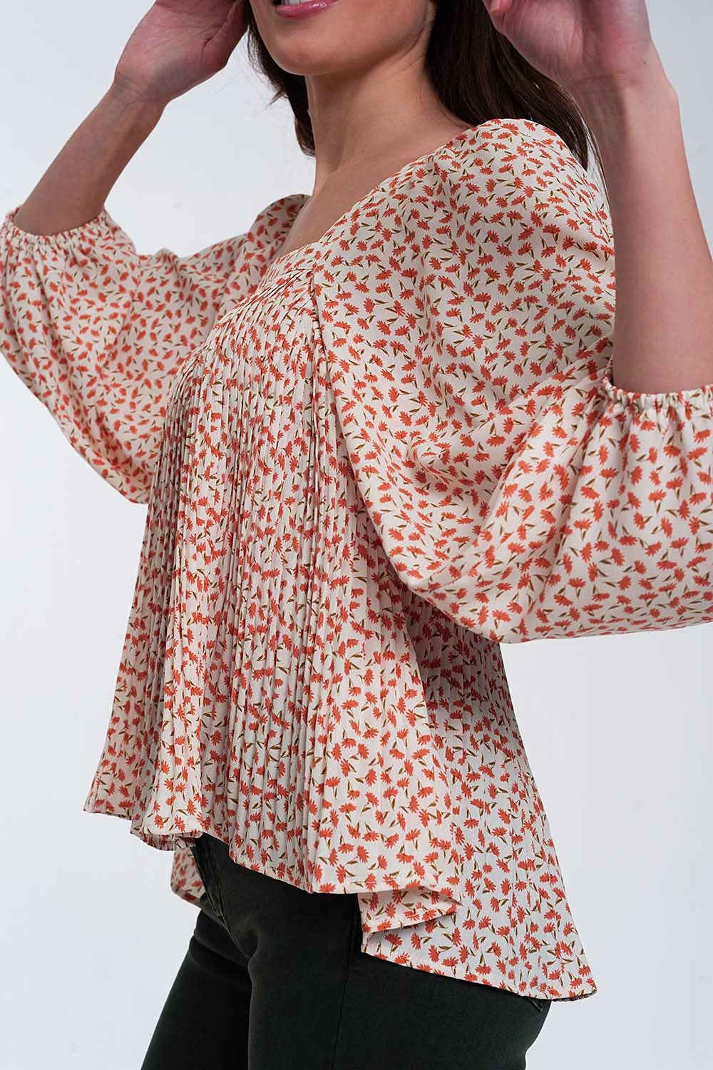 puff sleeve top with square neck in coral floral print Q2 Tops BoutiqueLua