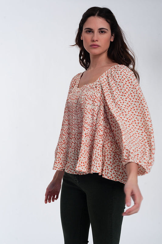 puff sleeve top with square neck in coral floral print - Tops