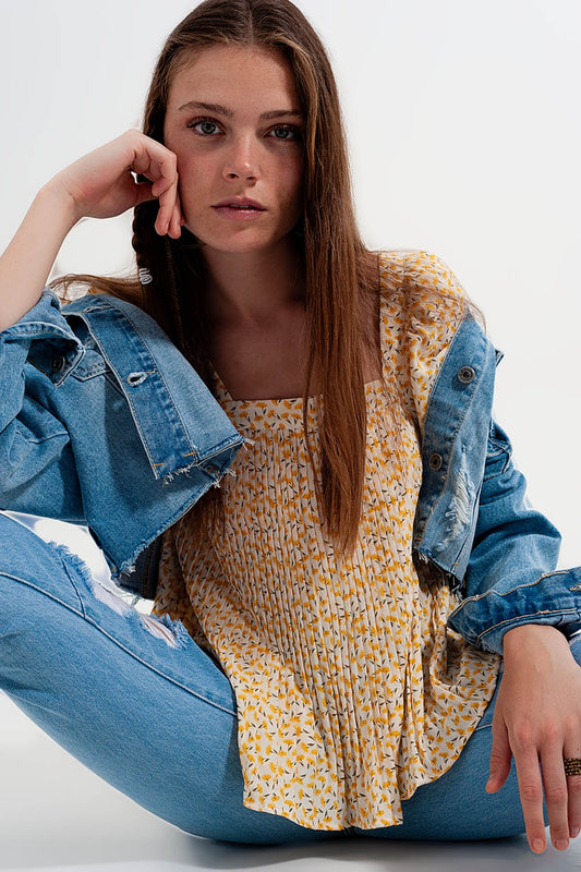 Puff sleeve top with square neck in yellow floral print - Tops