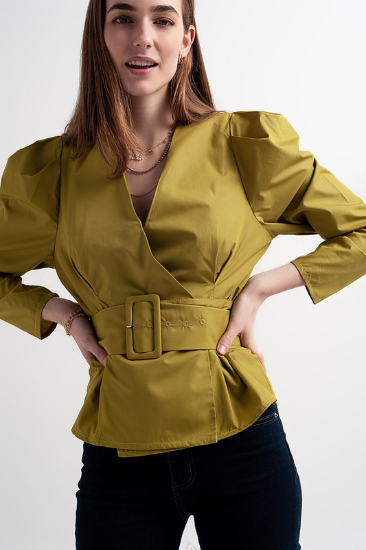 Puff sleeve wrap front top with belt detail in green - Tops