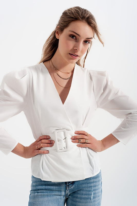 Puff sleeve wrap front top with belt detail in white - Tops