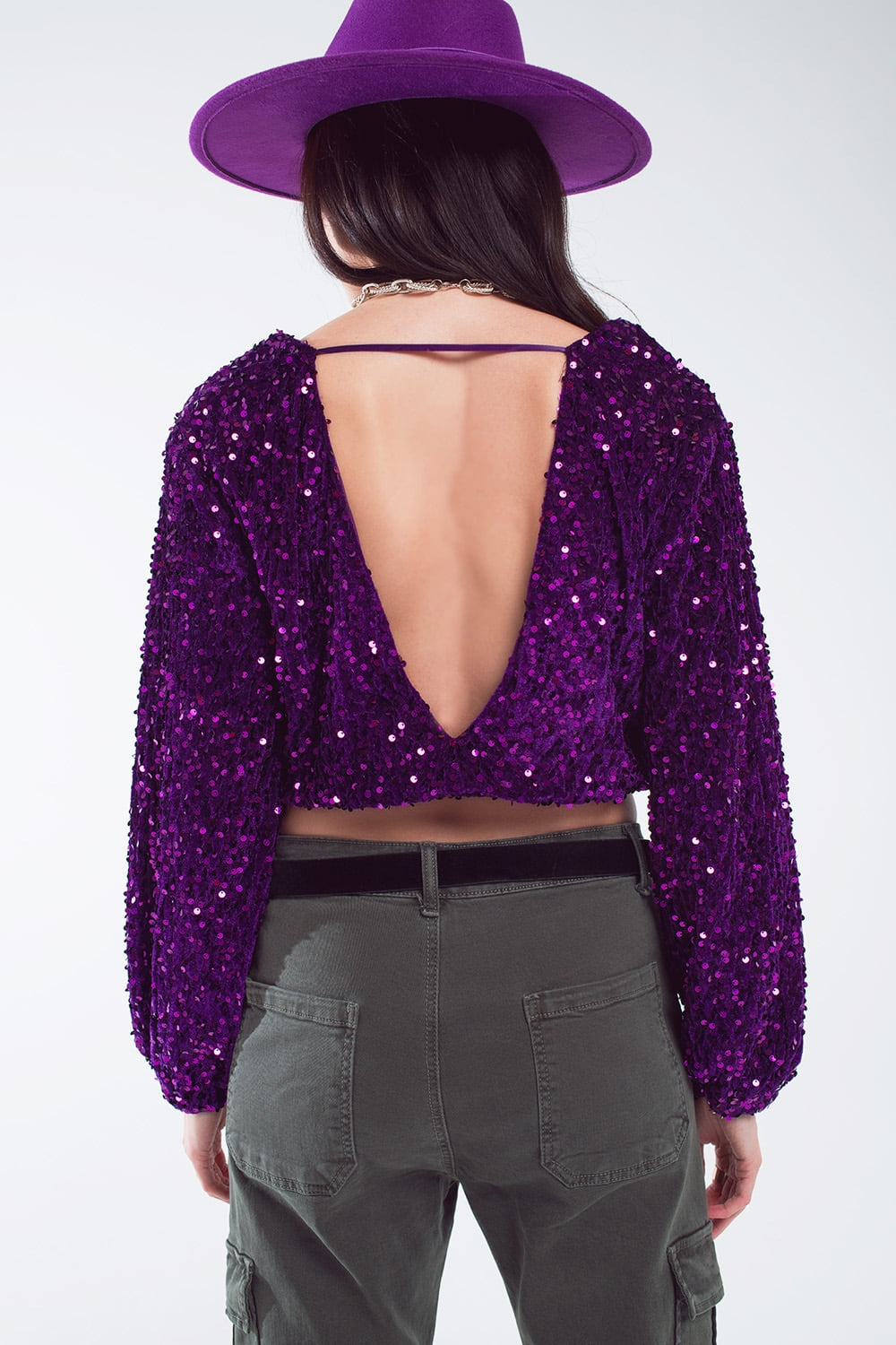 Purple sequin top with V-Neckline ballon sleeves and Open Back Q2 Tops BoutiqueLua
