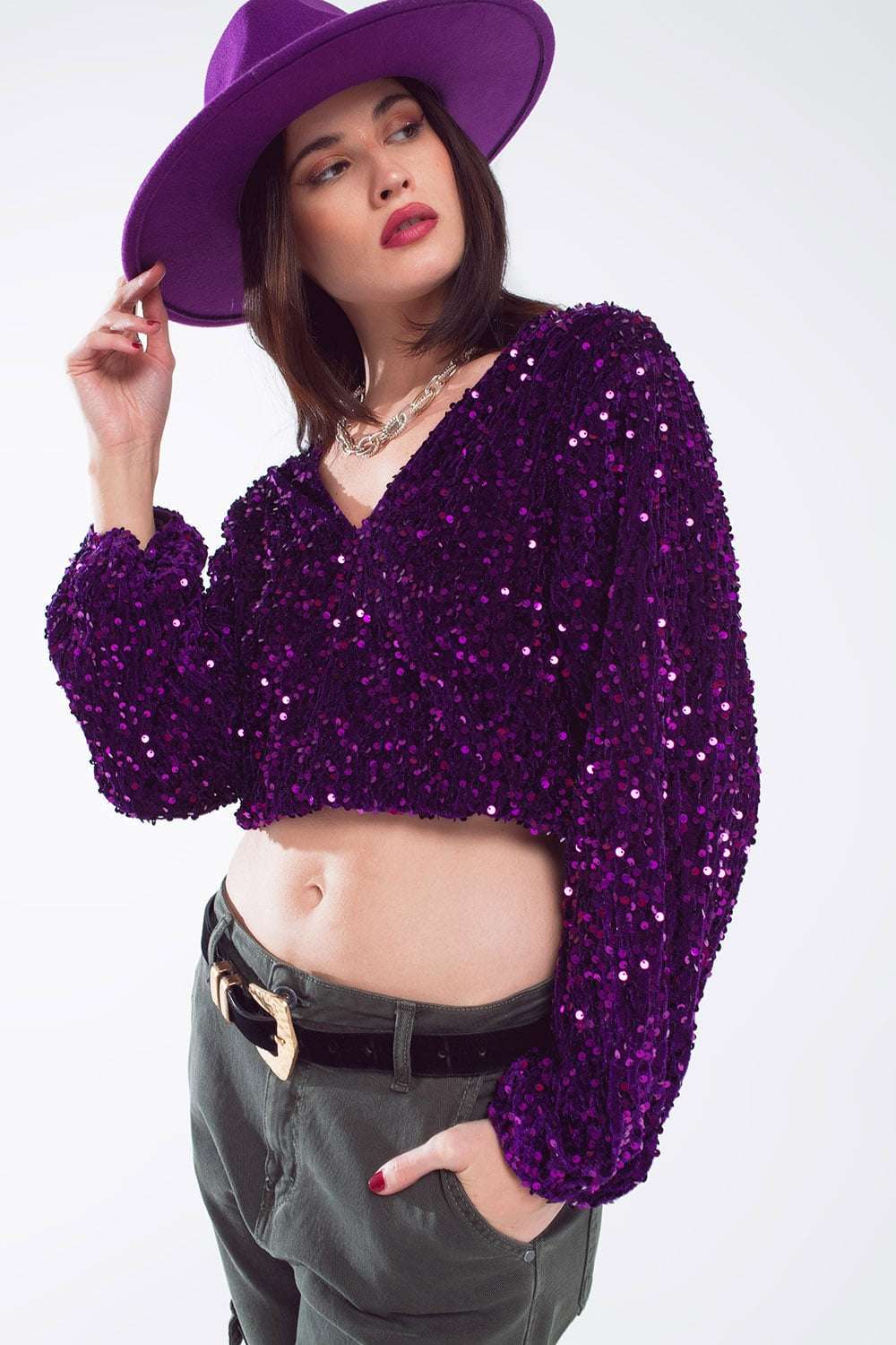 Purple sequin top with V-Neckline ballon sleeves and Open Back Q2 Tops BoutiqueLua