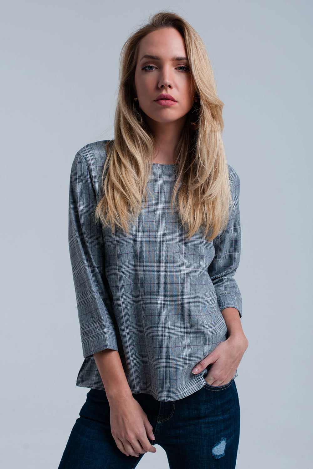 Purple tartan pattern top with ribbons - Tops