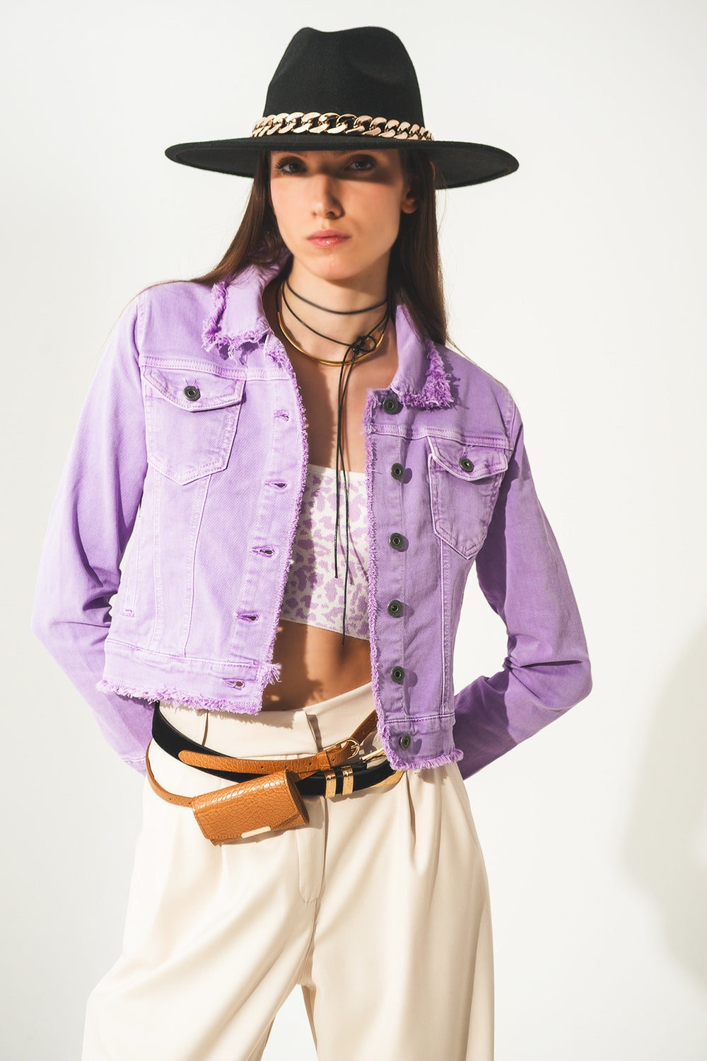 Raw edge denim jacket in purple Q2 Coats and Jackets BoutiqueLua