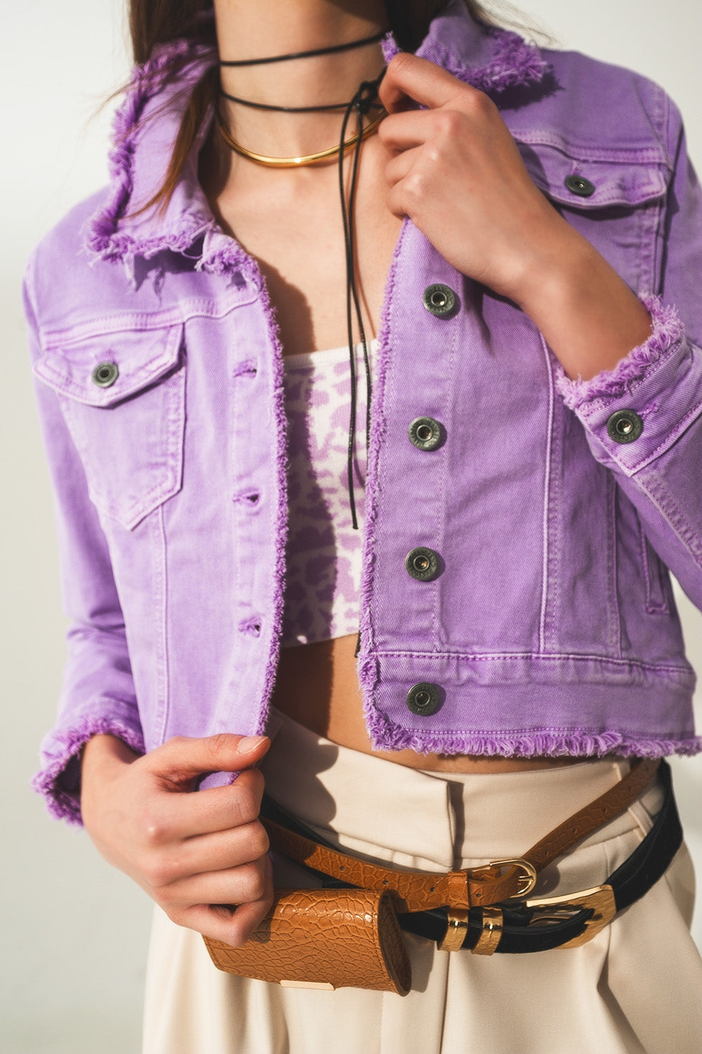 Raw edge denim jacket in purple Q2 Coats and Jackets BoutiqueLua
