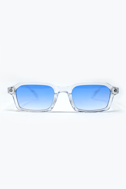 Rectangular Thick Acetate Clear Frame Sunglasses With blue Smoke Lense -