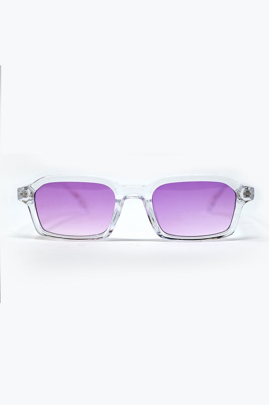 Rectangular Thick Acetate Clear Frame Sunglasses With Purple Smoke Lense -