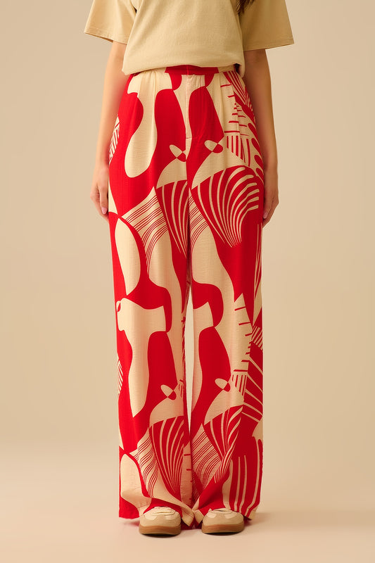 Red abstract print wide-leg trousers - Pants
