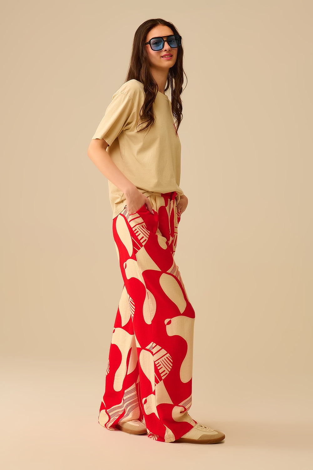Red abstract print wide-leg trousers - Pants
