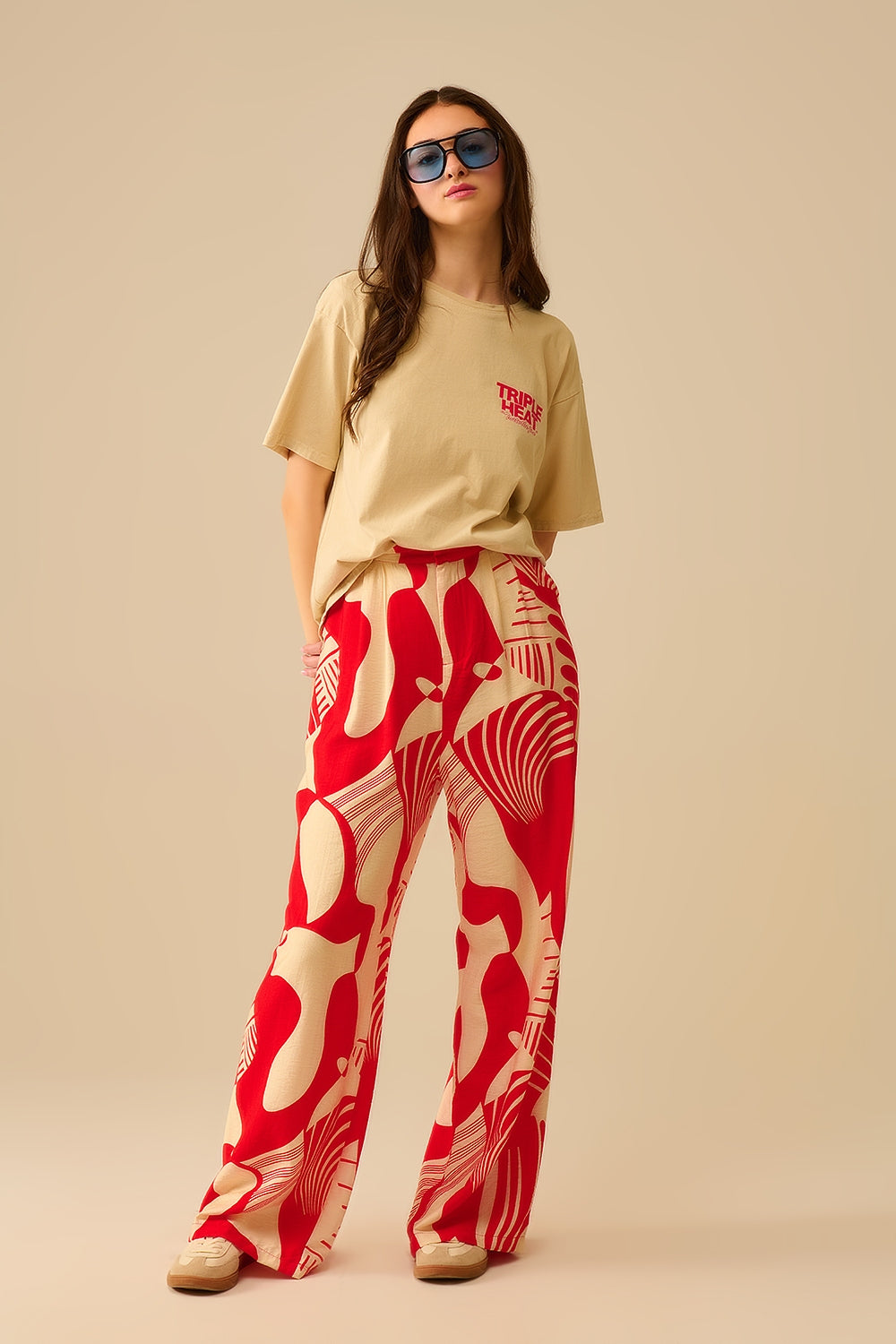 Red abstract print wide-leg trousers - Pants