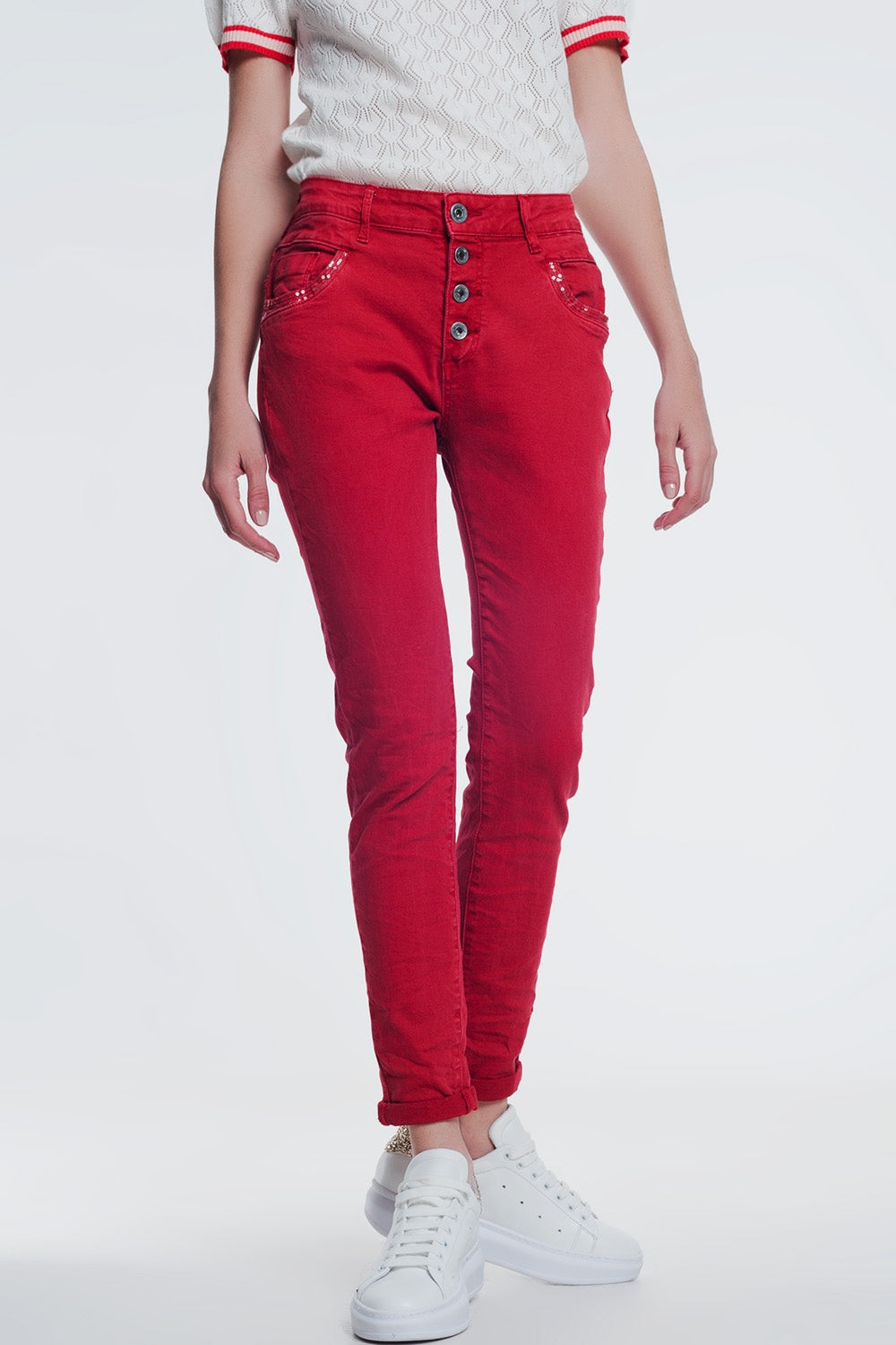 red boyfriend jeans with button closure - Jeans