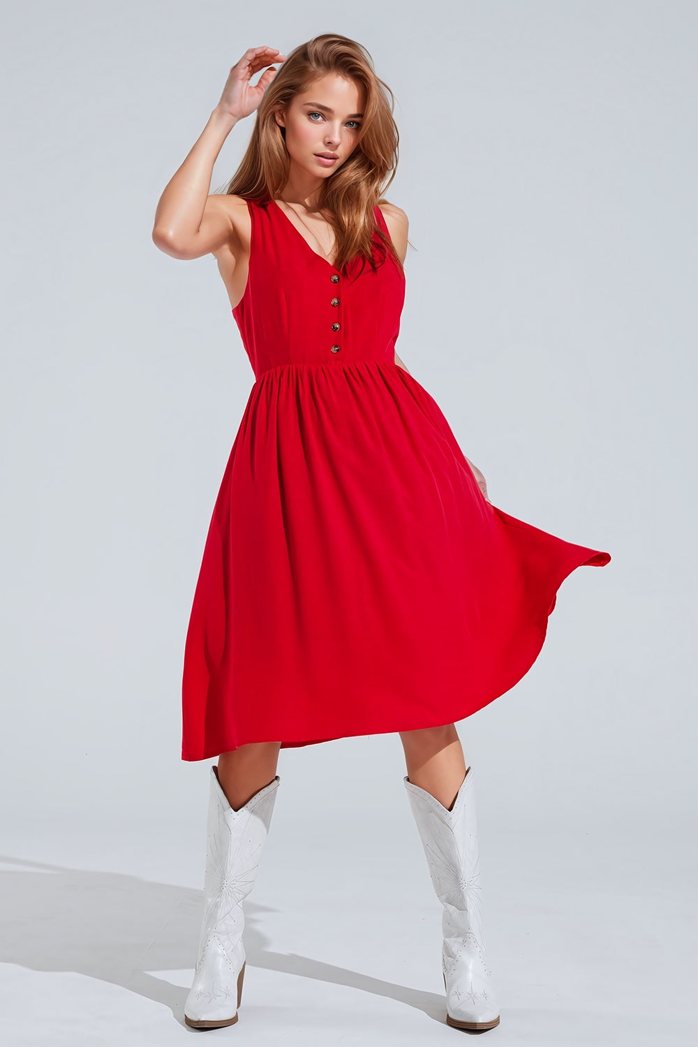Red dress with button detail Q2 Dresses BoutiqueLua