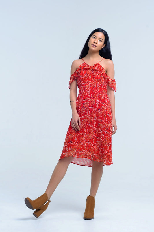 Red dress with printed flowers and ruffles - Dresses