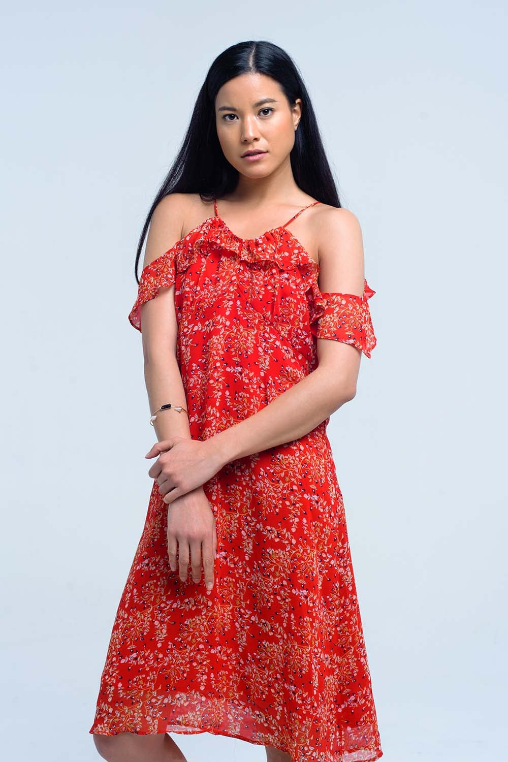 Red dress with printed flowers and ruffles - Dresses