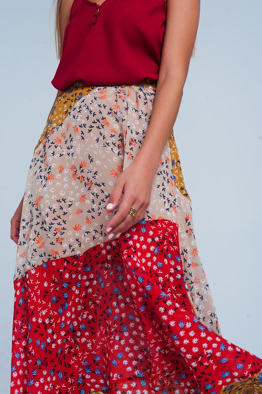 Red floral meadow bias cut midi skirt - Skirts