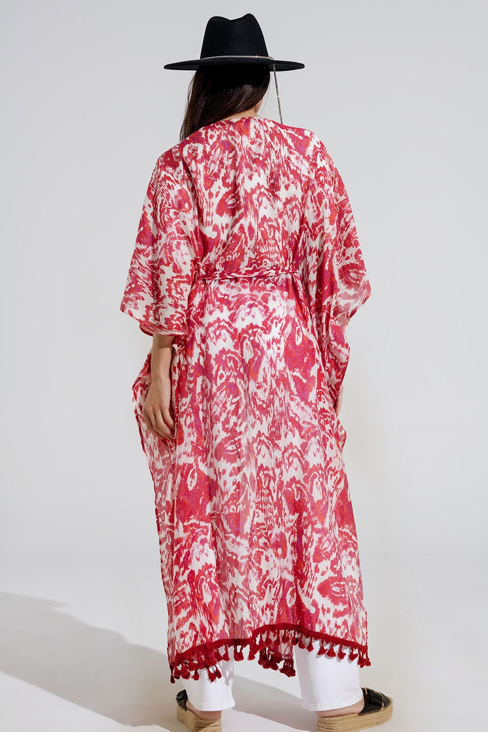 Red Long Kimono With Drawstring Closing in Tribal Print Q2 Dresses BoutiqueLua