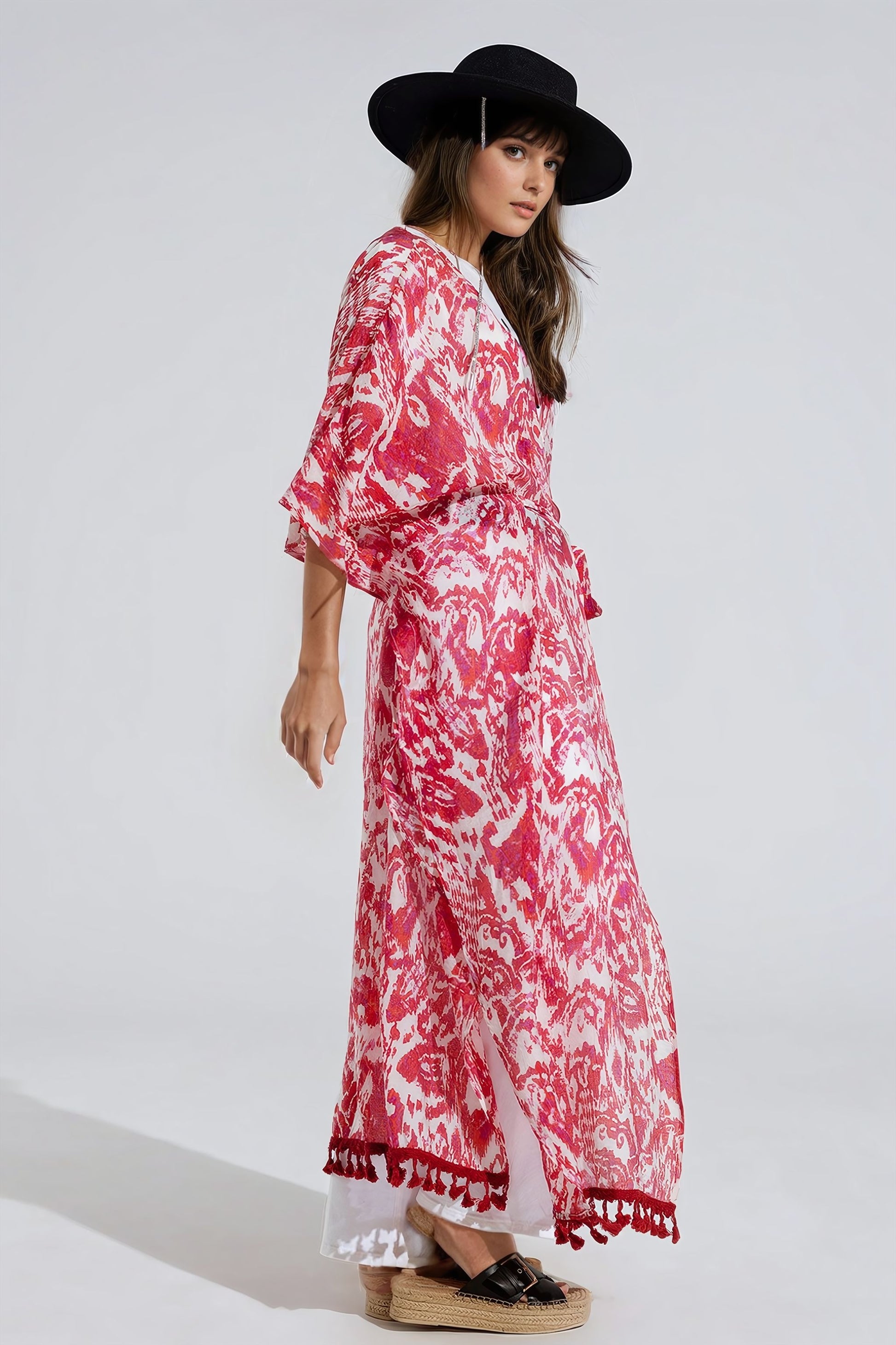 Red Long Kimono With Drawstring Closing in Tribal Print Q2 Dresses BoutiqueLua
